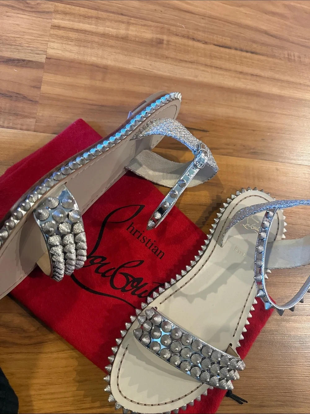 Christian Louboutin Silver Studded Leather Ankle-Strap Sandals size 40